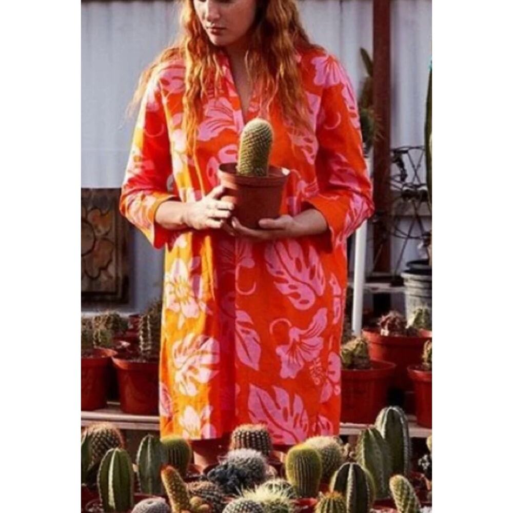 Sleepy Jones Aloha Floral Tunic Jane Dress Orange Pink 100% Cotton L Lagenlook